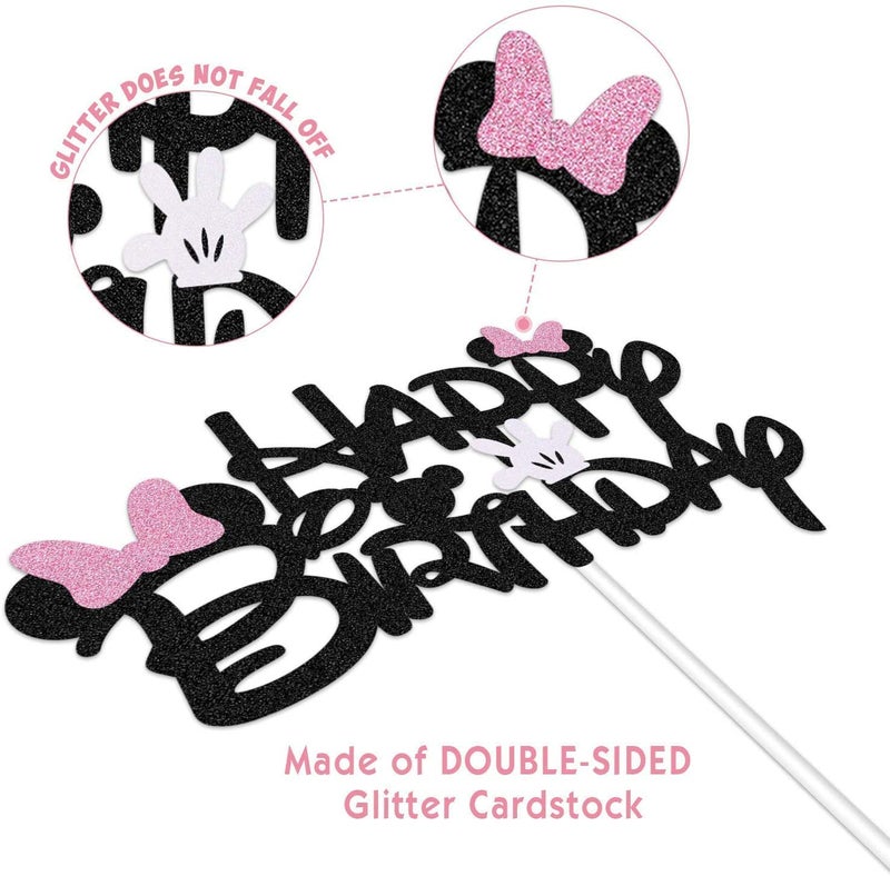 BOGZON Black Glitter Minnie Inspired Happy Birthday Cake Topper with Pink Bows and White Gloves Girls Birthday Party Decorations Supplies - Image 3